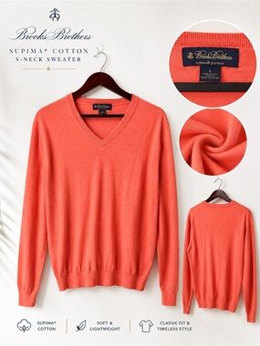 Brooks Brothers Supima Cotton V-Neck Sweater Mens Large Coral Orange Lightweight